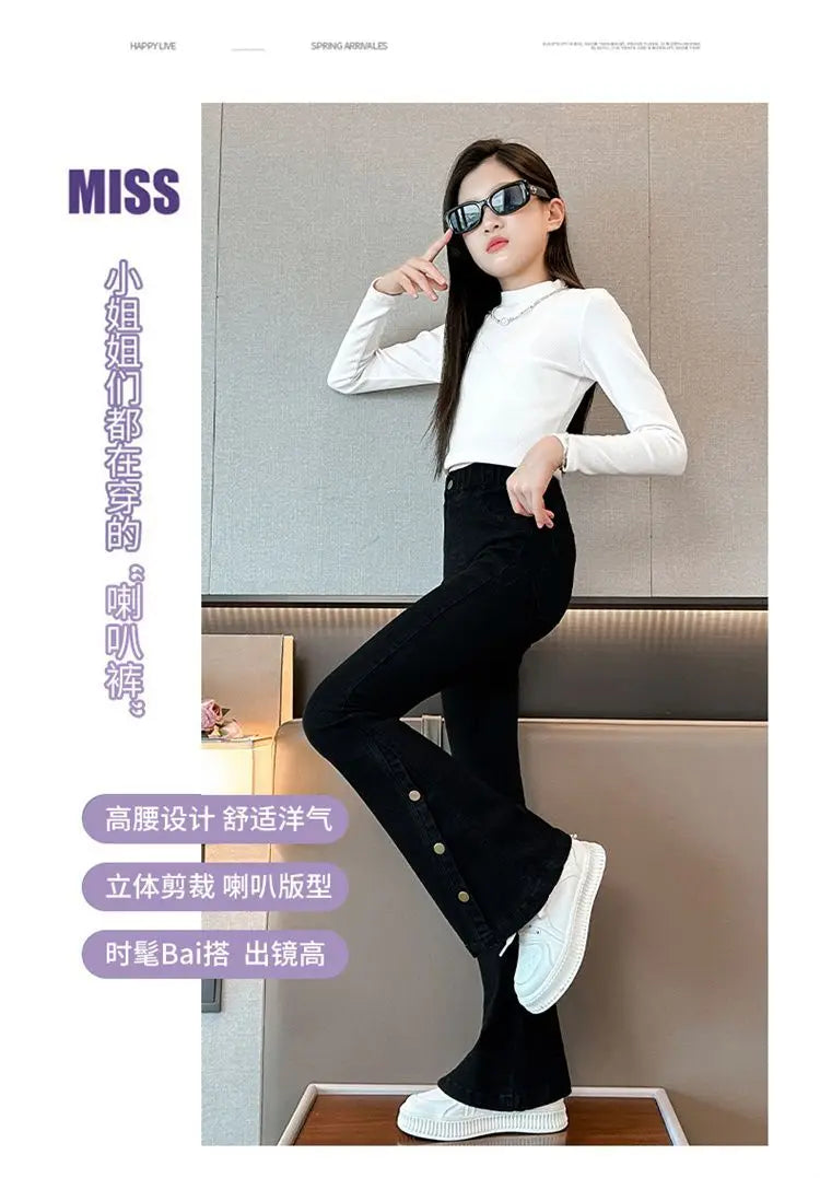 Fashion Jeans for Girls New Arrvial Kids Black Vintage Tight Denim Flare Pants Spring Autumn Teenage Children's Slim Trousers