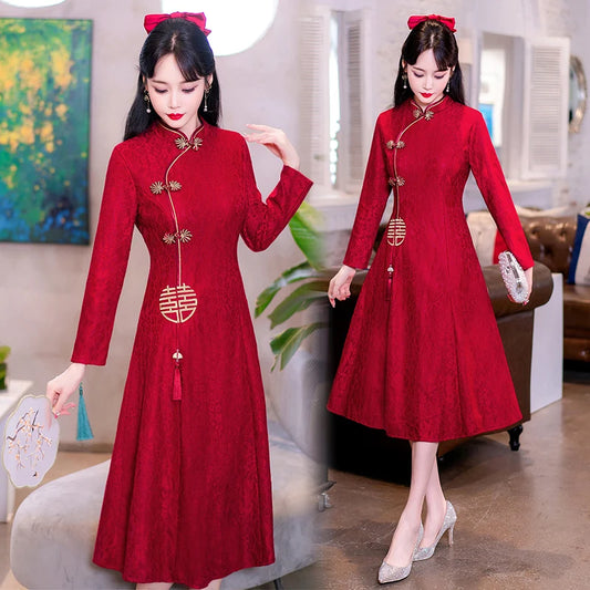 Retro Chinese Traditional Red Wedding Qipao Dress Modern Improved Long Sleeve Embroidered Cheongsam Plus Size Women Clothing CNY - Seprincess