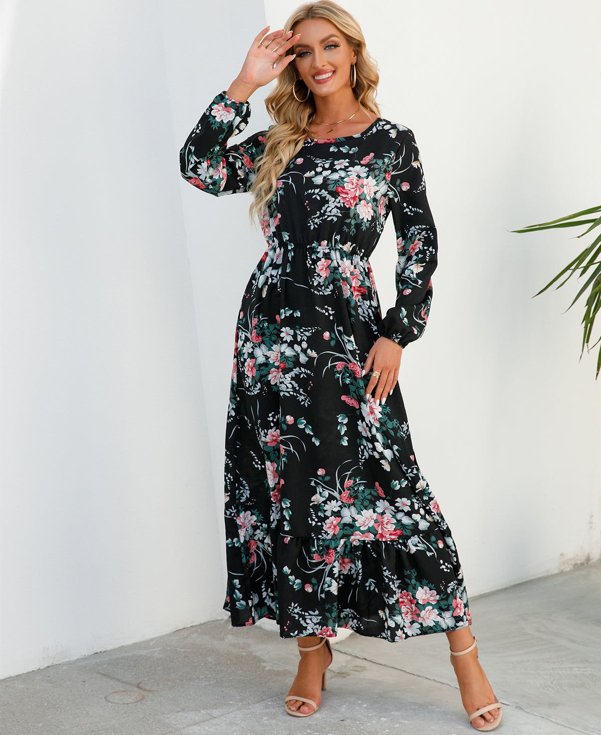 Women Maxi Dresses Sping Autumn Bohemian Casual Full Sleeve High Waist Beach Woman Chiffon Dresses Floral Vestidoes Long Dress