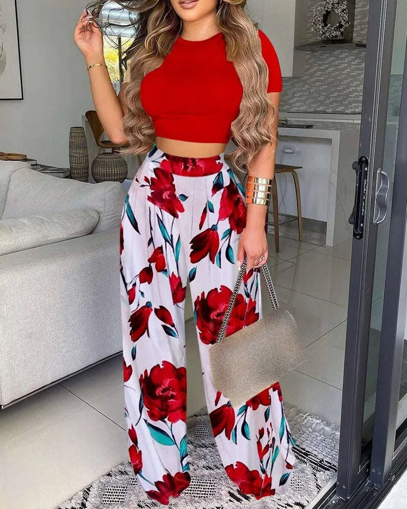 New Women's Sexy Ultra Short Top Set Summer Fashion Printed Corset Waist Long Pants Slim Elegant Female Casual Pants 2 Piece Set - Seprincess