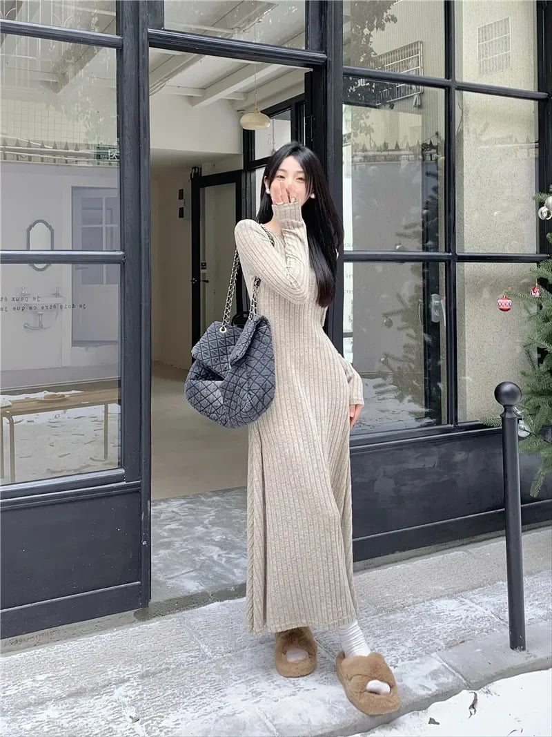 Vintage Versatile Knitted Long Sleeve Dress Women's Slimming A- line Skirt Autumn/winter Waist-fitted Long Dress