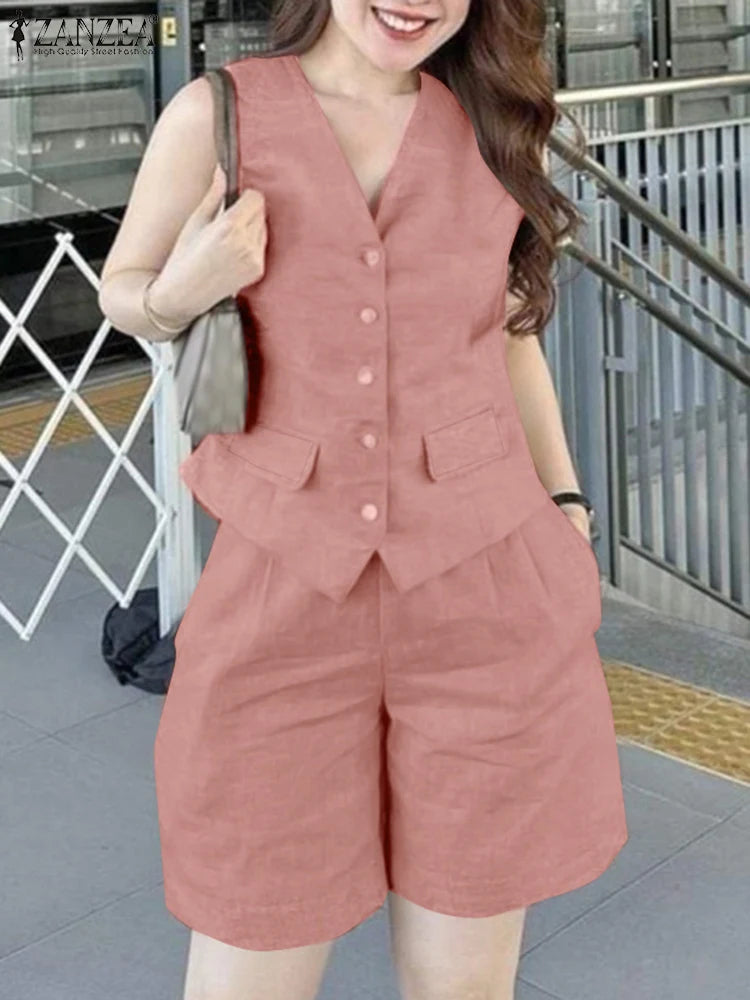 ZANZEA Women Casual 2pcs Outfits Commute Korean Style 2024 Summer Sleeveless Vests Short Sets Elastic Waist Shorts Office Suits - Seprincess