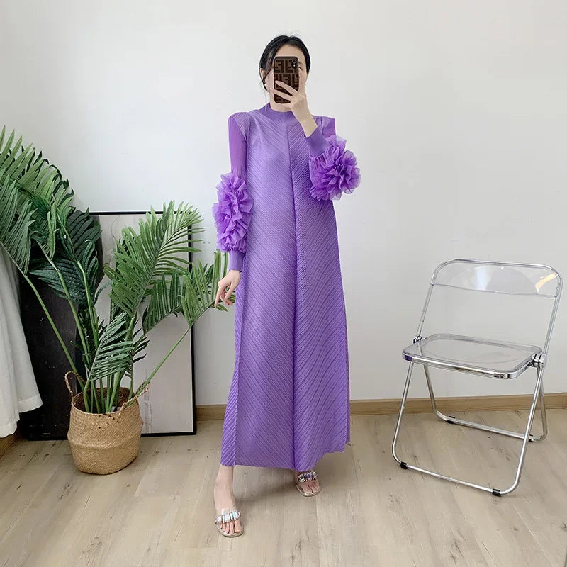 ANLAN Miyake Pleated Maxi Long Dress Mesh Petal Sleeve Half Turtleneck Formal Dresses for Women 2024 New Hot Sales 6KK9927 - Seprincess