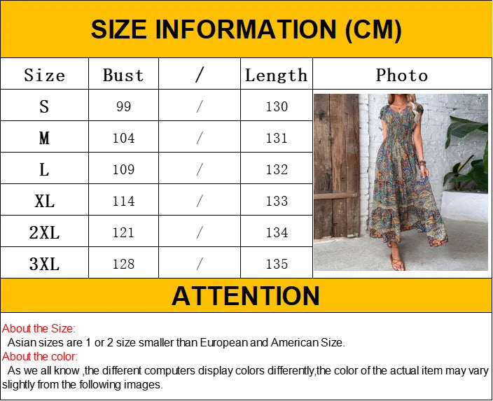 Women Vintage Print Long Dress 2023 Summer Sexy V Neck Short Sleeve A-line Dress Female Elegant Elastic Waist Maxi Dresess Robe - Seprincess