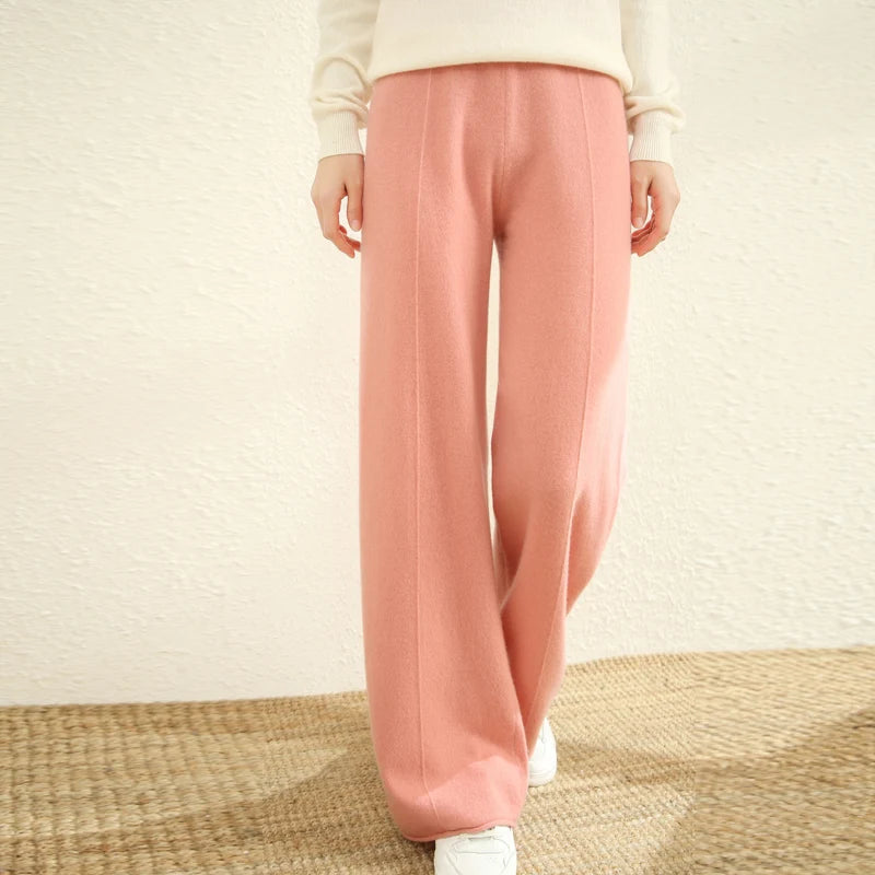 Autumn Winter New Women Wide-Leg Wool Pants 100% Merino Wool Quality Soft Elastic Waist Trousers Casual Knitted Popular Slacks