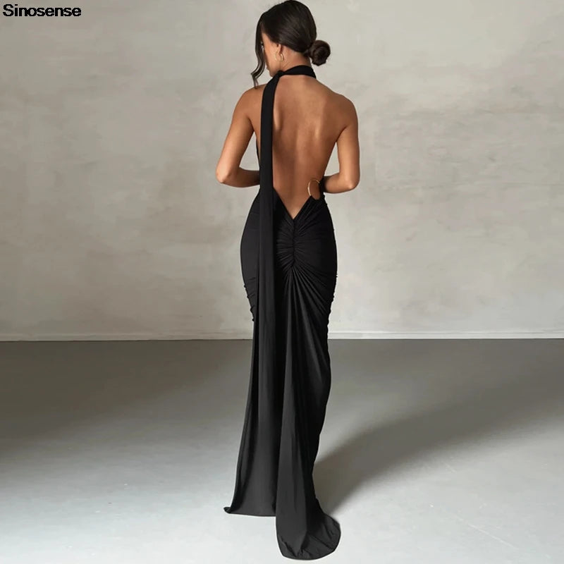 Womens Elegant Evening Party Cocktail Long Dress Sexy Backless Open Back Ruched Slim Bodycon Formal Wedding Guest Maxi Dress - Seprincess