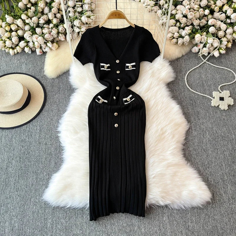 Elegant Knitted Long Dress Women Summer V Neck Single Breatsed Short Sleelve Bodycon Dresses Fashion Party Office Lady Vestidos - Seprincess