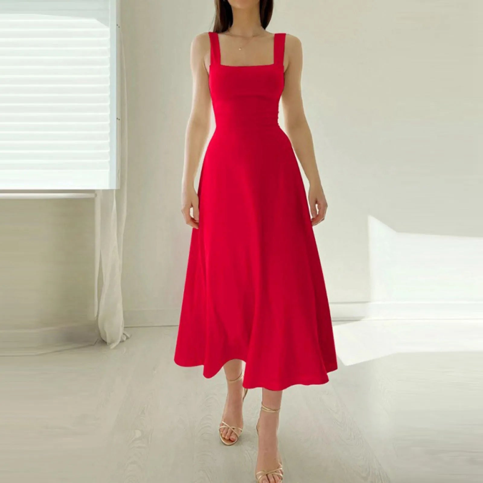 Casual Simple Solid Sundress Women High Waist Sleeveless Slash Neck Midi A-line Dress Oversized White Black Red Long Dresses - Seprincess