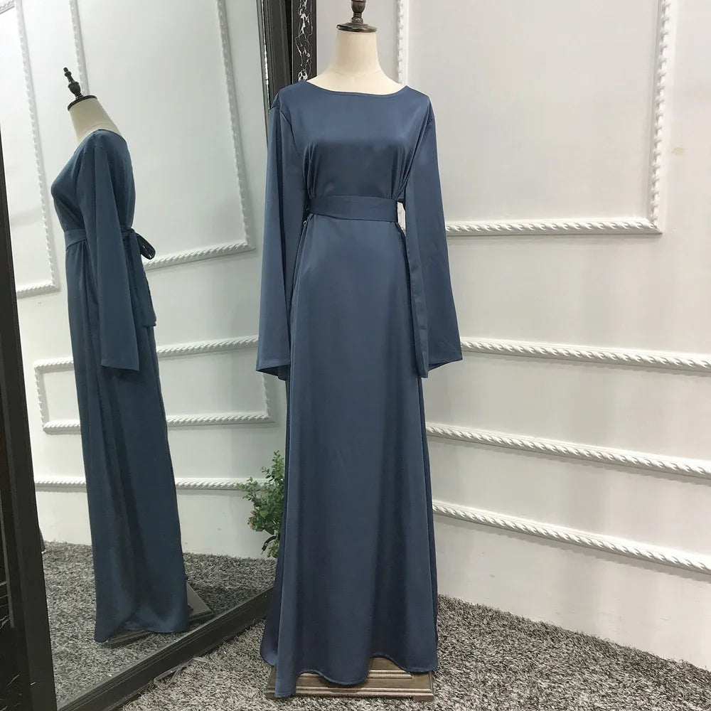 Fashion Satin Sliky Djellaba Muslim Dress Dubai Full Length Flare Sleeve Soft Shiny Abaya Dubai Turkey Muslim Islam Robe WY921