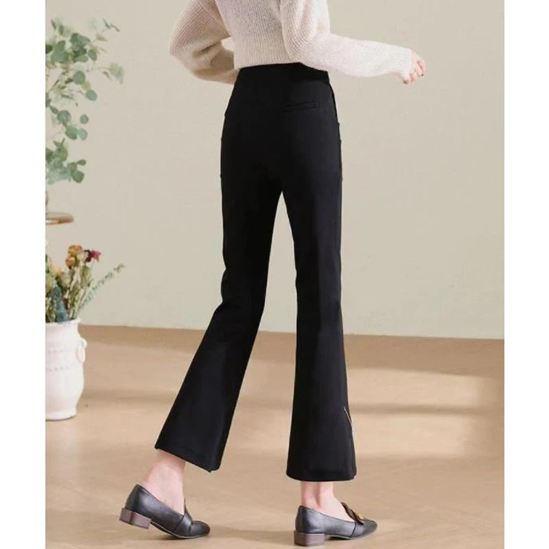 Women Korean Fashion Elegant Chic Flare Pants Autumn Winter Female Black High Waist Plush Thick Trousers Slim Pockets Pantalones