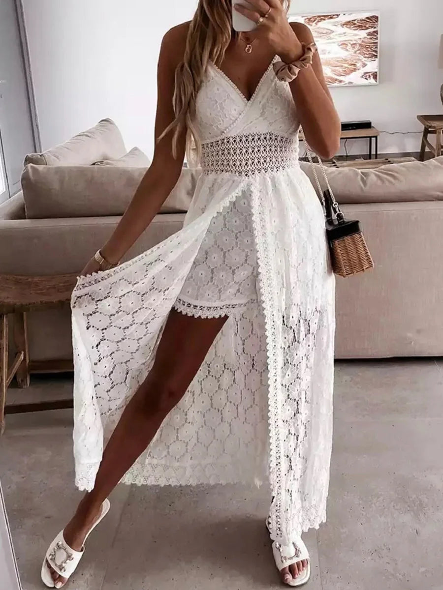 wsevypo Women Spaghetti Straps Long Beach Dress Boho Summer Sleeveless Hollow Out Floral Lace Playsuit Sundress Lady Outfit - Seprincess