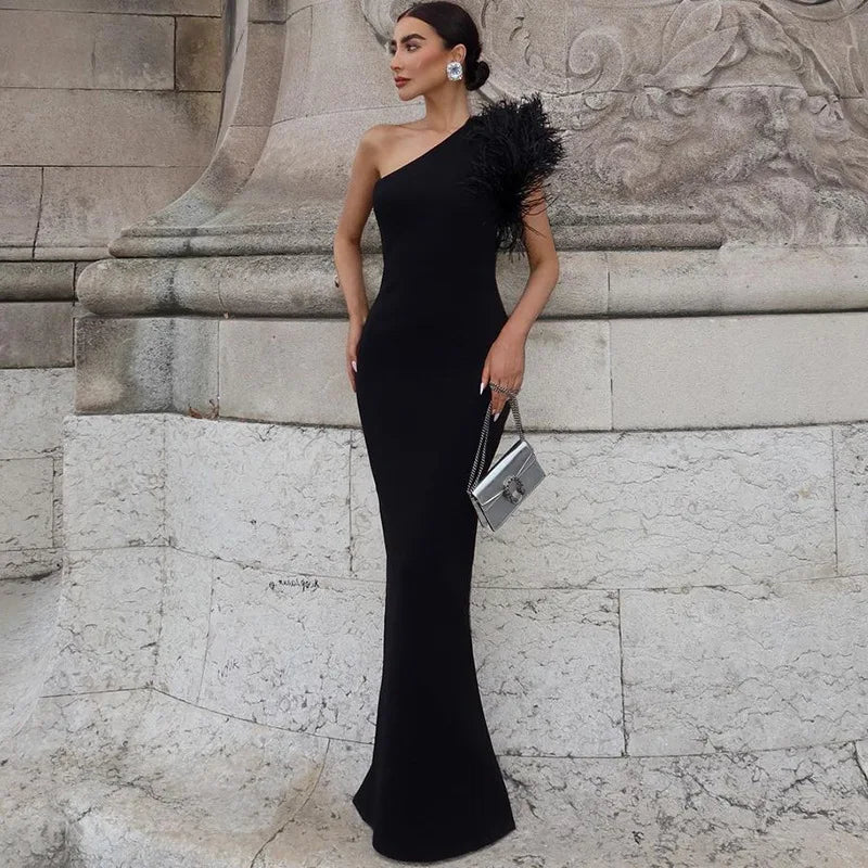 Dulzura Black Sleeveless One Shoulder Feather Maxi Dress For Women Bodycon Sexy Party Elegant Long Dress Birthday Evening Outfit - Seprincess