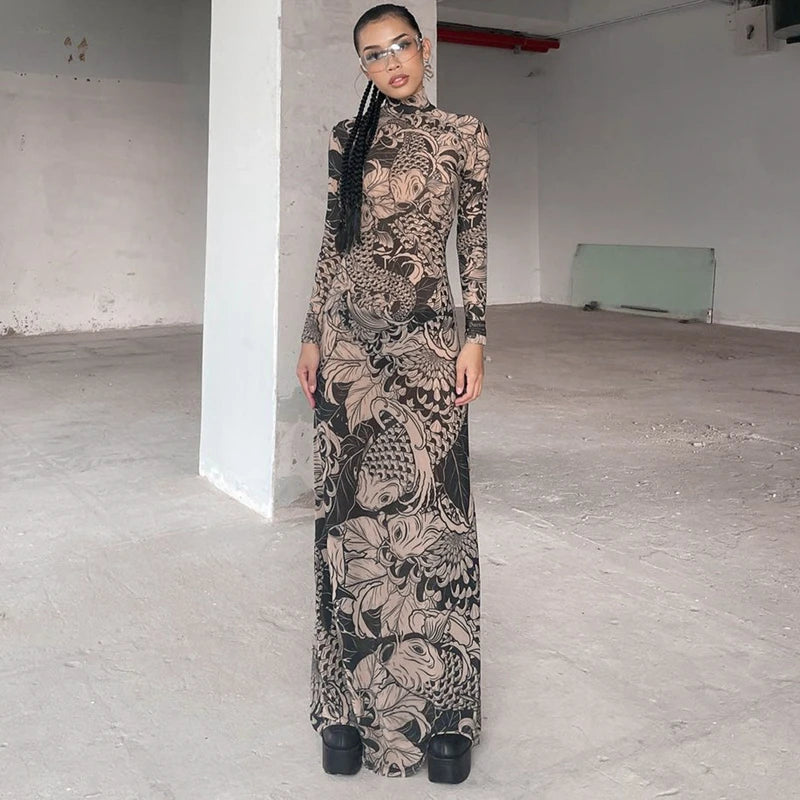 Hawthaw Women 2023 Autumn Winter Long Sleeve Mesh See Through Streetwear Bodycon Long Dress Wholesale Items For Business - Seprincess