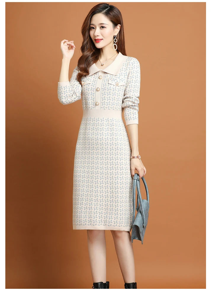 Office Lady Korean Fashion Knitted Solid Slim Dress Women's Winter Long Sleeve Warm Elegant Knee Length Tunics - Seprincess