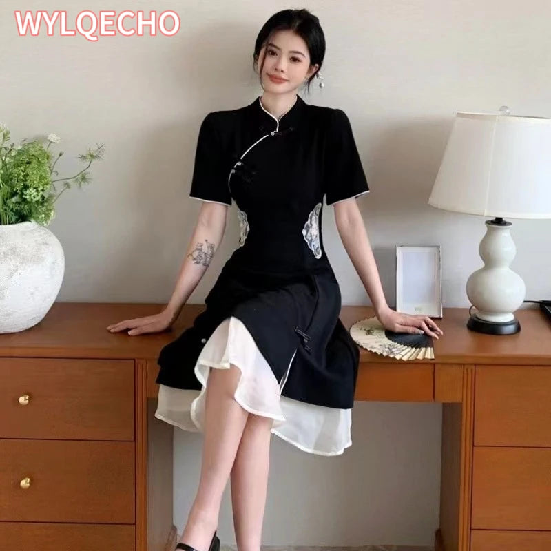 2023 Chinese Improved Hanfu Cheongsam Dress Women A Line Qipao New Fashion Style Short Sleeve Casual Daily Lady Cheongsam Dress - Seprincess