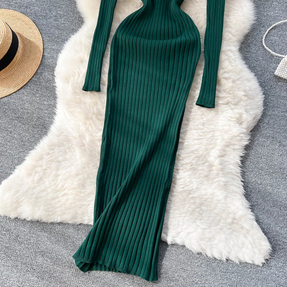 SINGREINY Winter Women Knit Maxi Dress O Neck Autumn Long Sleeve Slim Solid Harajuku Ladies Fashion Pencil Sweater Long Dresses - Seprincess