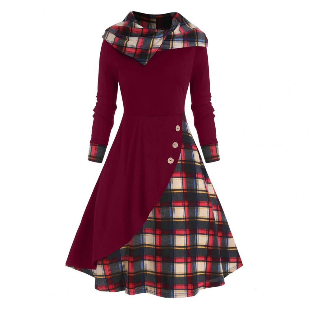 Elegant Dress Women Autumn Irregular Pile Collar Hooded Button Waist Tight Plaid Patchwork Print Large Hem Midi Dress - Seprincess