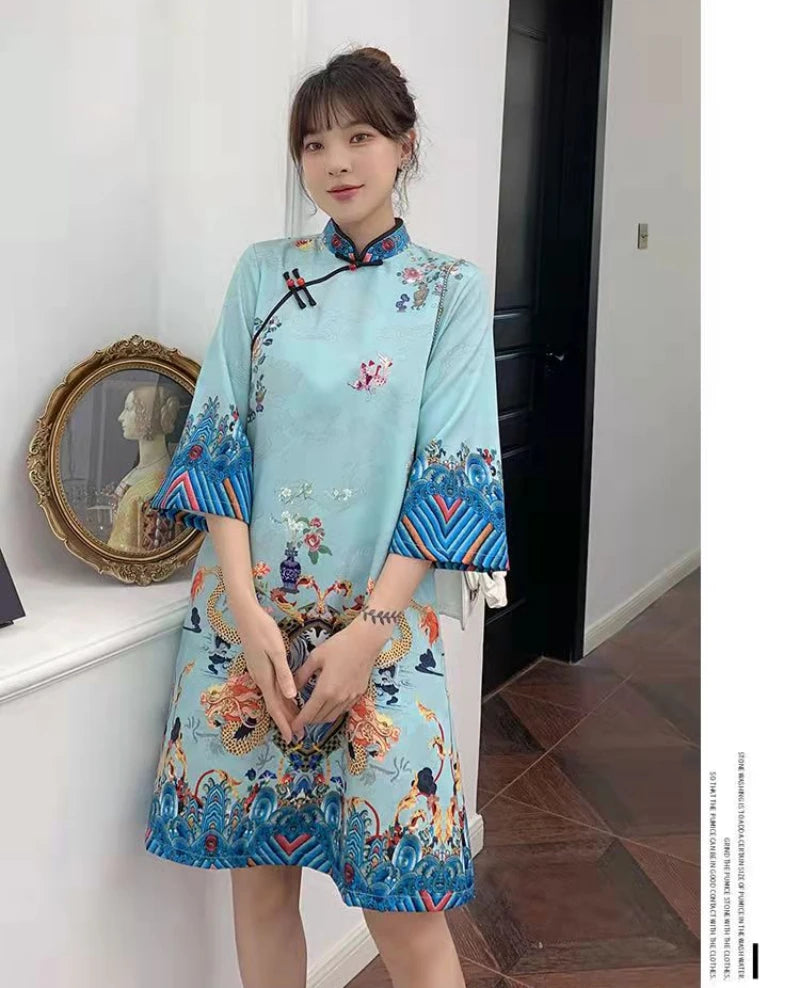 Red Blue Loose 2024 New Fashion Modern Chinese Cheongsam A-line Dress Women 3/4 Sleeve Qipao Traditional Chinese Clothes - Seprincess