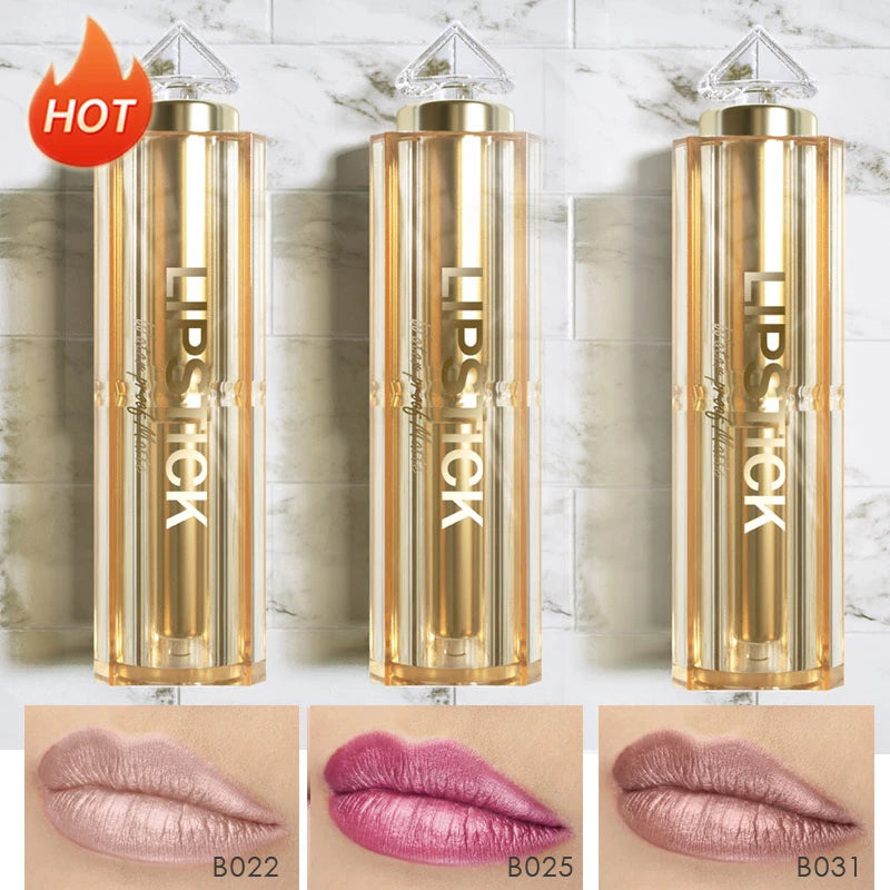 Silky Soft 3pcs/Set Matte Glitter Korean Lipstick Set Pearl Shimmer Waterproof Long Lasting Glitter Pink Orange Makeup Lipstick - Seprincess