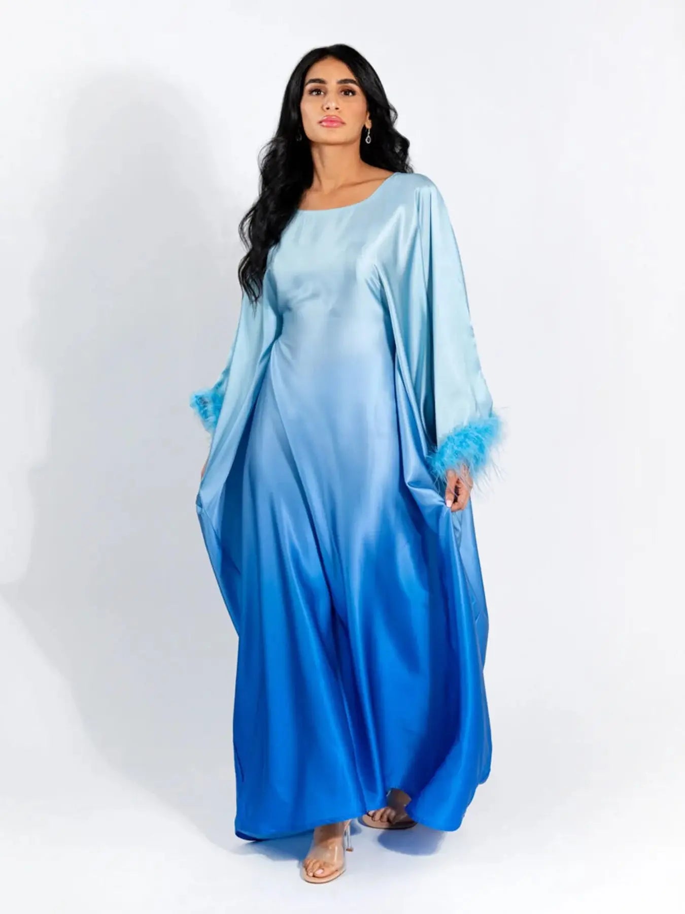 Fashion Shiny Feather Cuff Muslim Dress Robe Female Full Length Soft Butterflies Abaya Muslim Dress Worship Service Abaya wy2073 - Seprincess