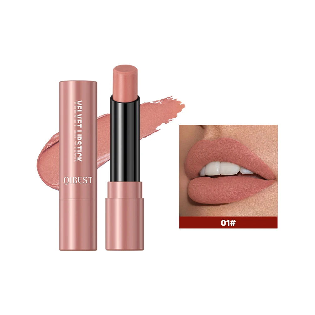 QIBEST Nude Lipstick Matte Lip Gloss High Pigment Makeup Classic Sexy Lipgloss Non-Stick Cup Long Lasting Red Lip Tint Cosmetics