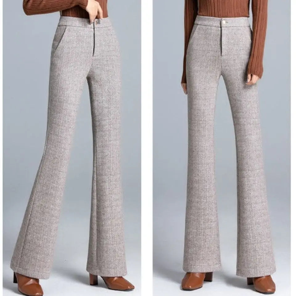 Office Lady Fashion Thicken Wool Flare Pants Autumn Winter New Korean Slim High Waist Wide Leg Women Solid Casual Suits Trousers