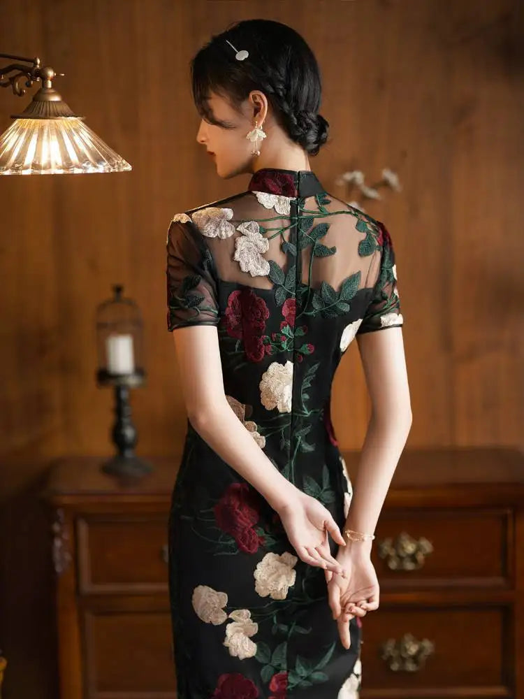 Black Lace Embroidered Flower Cheongsam Spring Summer New Retro Improved Young women's Clothing Women Elegant Daily Qipao - Seprincess