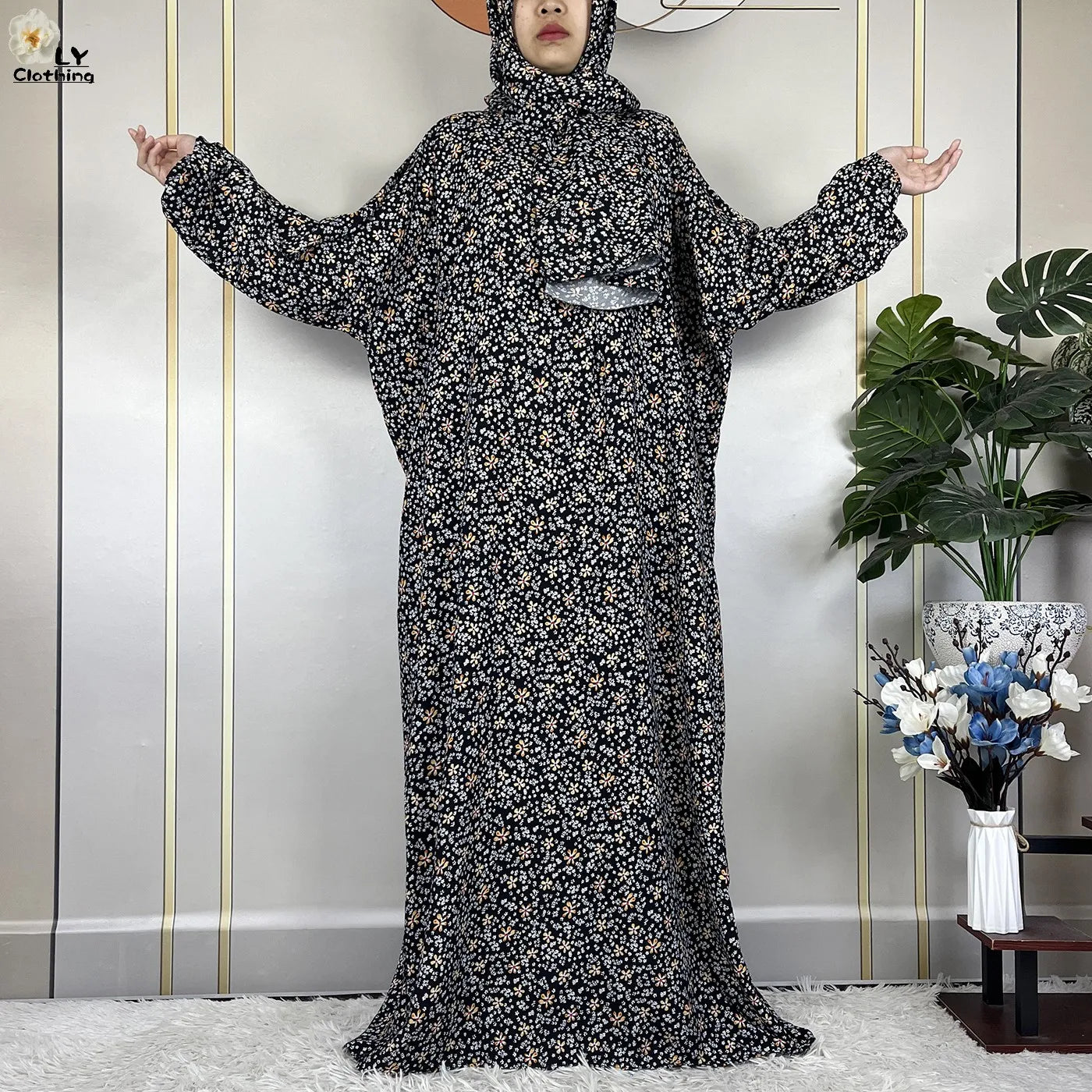 2024Latest Muslim Abayas For Women Ramadan Prayer Maxi Dubai Turkey Femme Cotton Robe Floral Loose African Dress Turban Attached