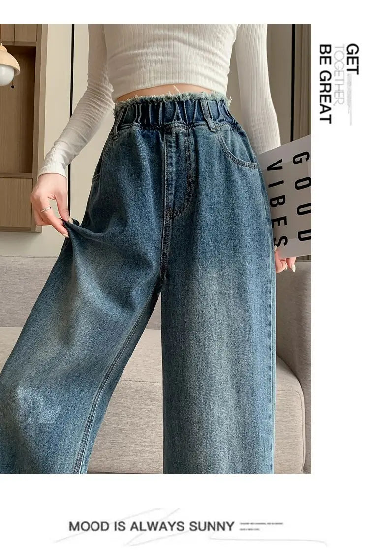 Large Size Denim Trousers Women Trailing Straight Wide Leg Loose High Waisted Slim Lace Tassel Higher Pants