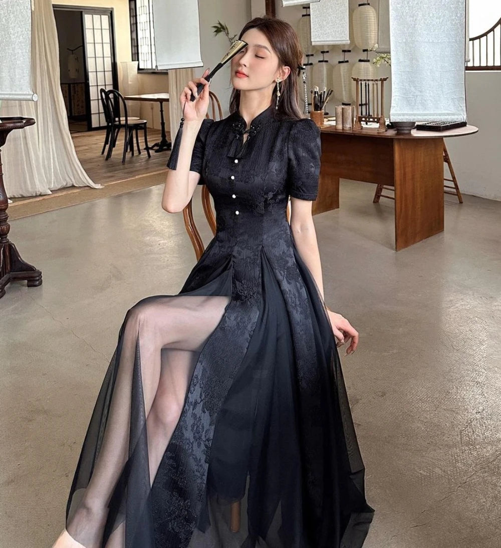 Women Fashionable New Cheongsam Black Advanced Mysterious Dress Qipao Improvement New Chinese Style Elegant Dress Summer - Seprincess