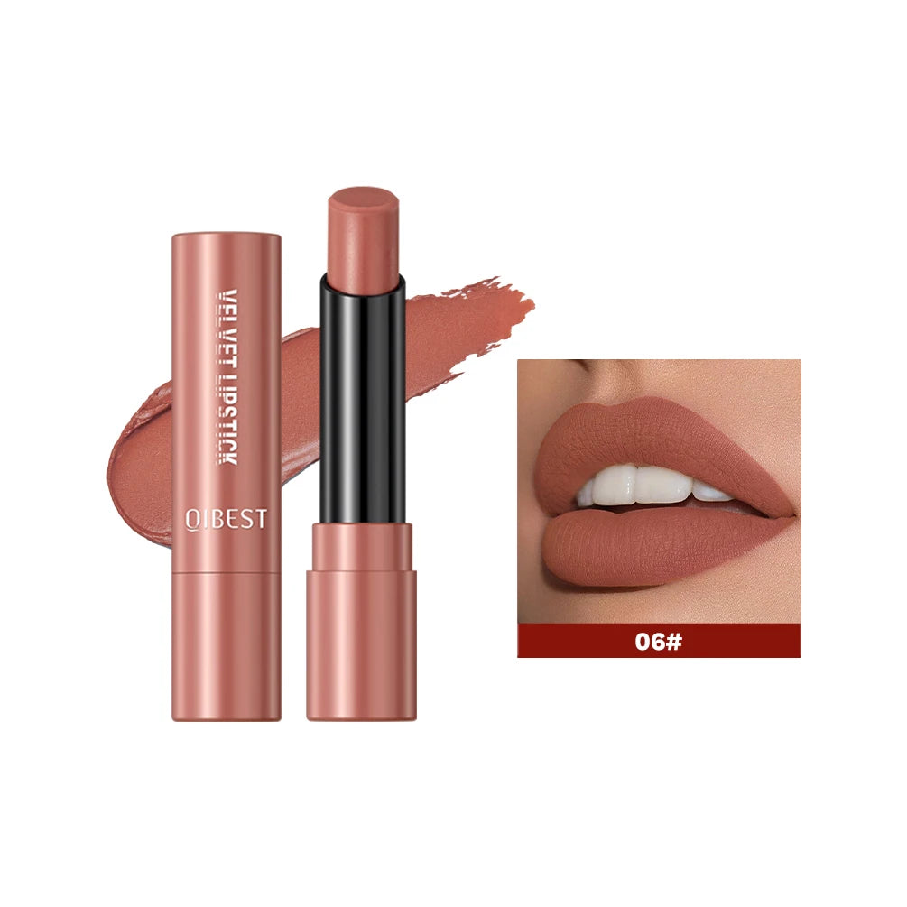 QIBEST Nude Lipstick Matte Lip Gloss High Pigment Makeup Classic Sexy Lipgloss Non-Stick Cup Long Lasting Red Lip Tint Cosmetics