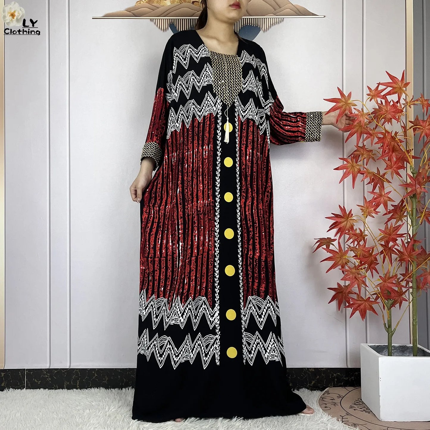 2024New Dubai Party Dress Muslim Femme Long Sleeves Printing Sequins Loose Boubou Maxi Islam Women Cotton African Abaya Clothing - Seprincess