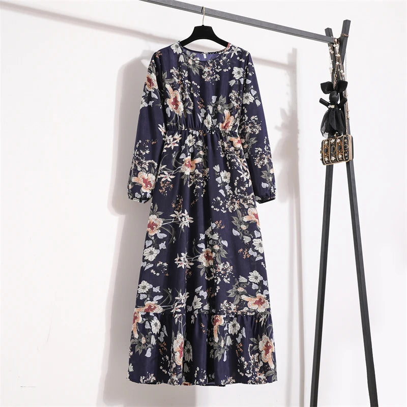 Spring Summer Women Maxi Dresses Office Lady Long Sleeve Floral Printed O-neck Woman Bohe Beach Party Long Dress Mujer Vestidos - Seprincess