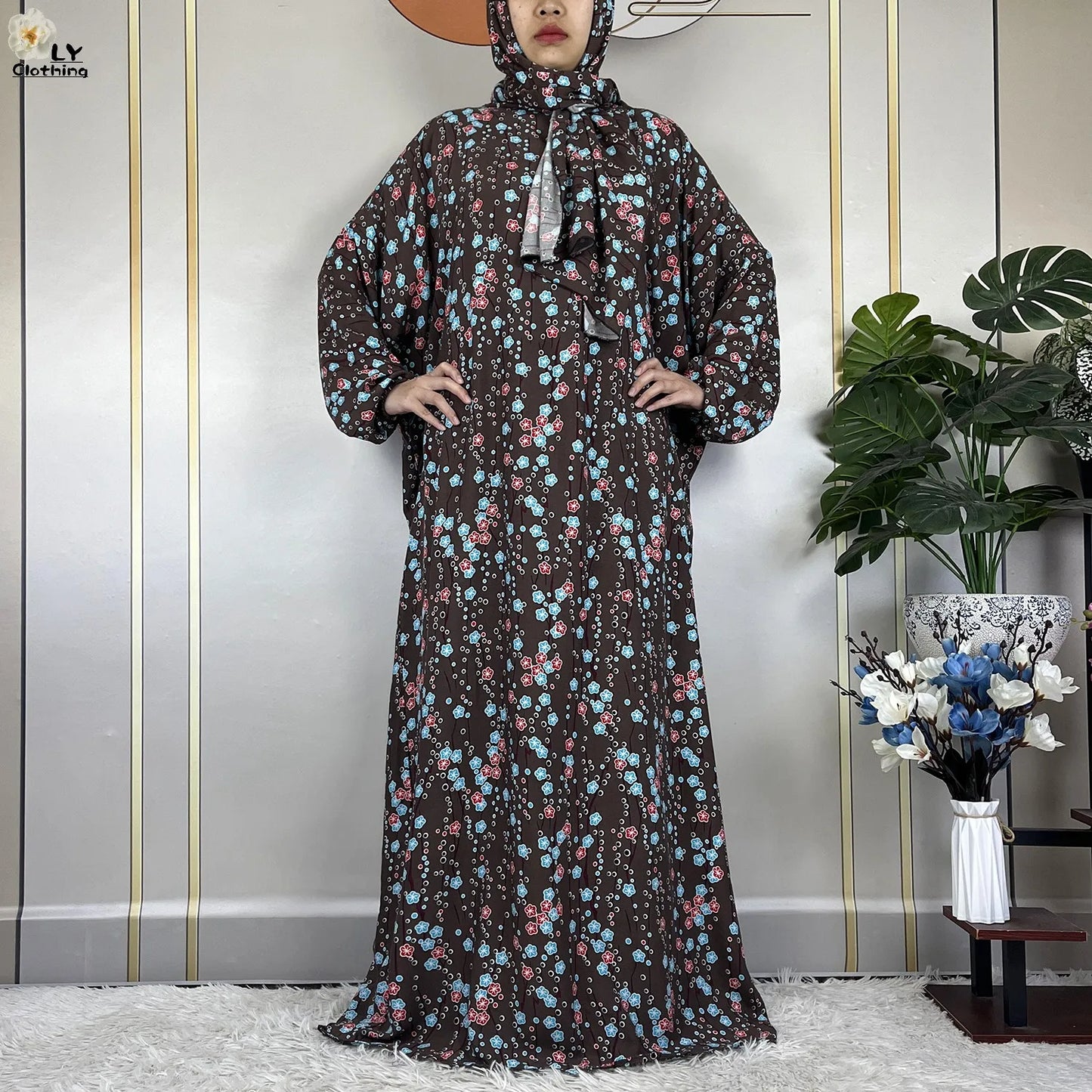 2024Latest Muslim Abayas For Women Ramadan Prayer Maxi Dubai Turkey Femme Cotton Robe Floral Loose African Dress Turban Attached