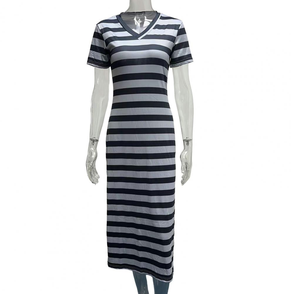 Summer Dresses 2023 Woman Plus Size Dresses For Women Casual Stripe Print V-neck Short Sleeve Loose Long Dress Robe Femme - Seprincess