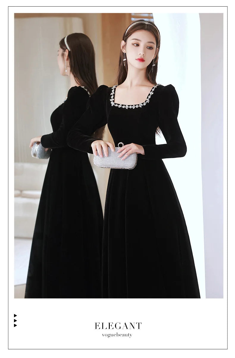 Black Evening Dresses Long Sleeve Square Collar Elegant Velvet Dress Beading Crystal Formal Gowns 2023 New Vestido - Seprincess