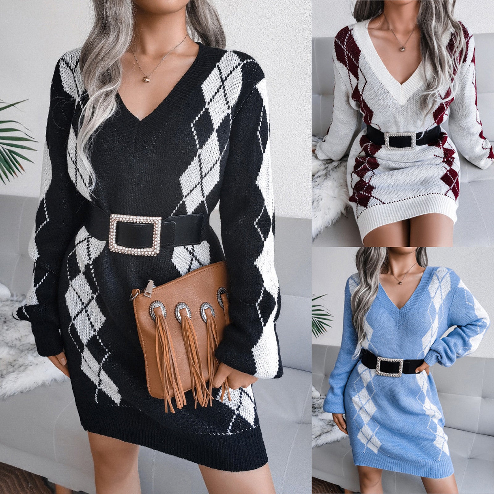 Women'S Autumn And Winter V-Neck Sweater Wrapped Dress Long Sleeve Dress Cembroidery Printing Dress Loose Cardigan For Women 원피스 - Seprincess