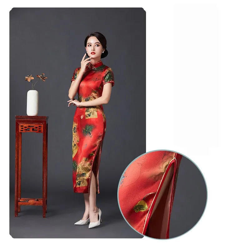 2023 New Vintage Long Cheongsam Women Sexy Slim Split Qipao Classic Chinese Traditional Dress Print Flower Evening Party Dress - Seprincess