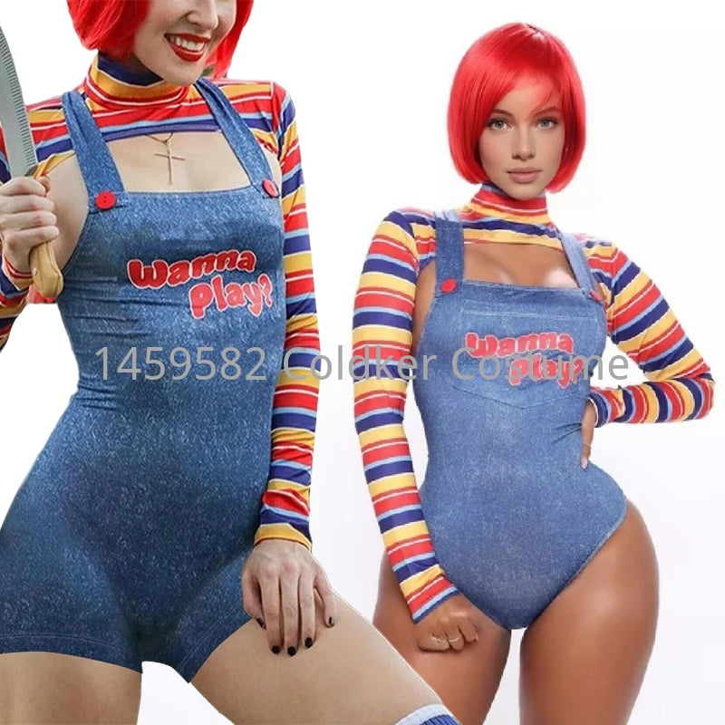 Women 2 Pcs Halloween Costumes Scary Nightmare Killer Doll Wanna Play Movie Character Bodysuit Chucky Doll Cosplay Costume Set - Seprincess