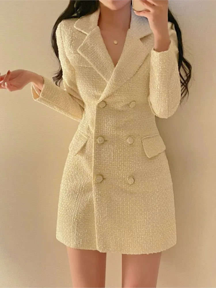 Elegant Tweed Blazer Dress Double Breasted Slim Short Dresses for Women Korean Fashion Office Lady Coat Dress Autumn Winter New - Seprincess