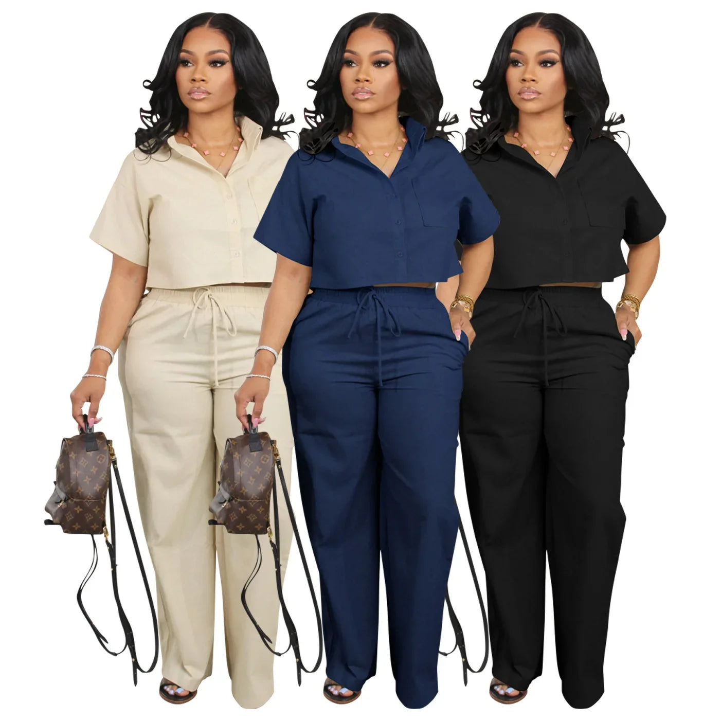 Street Fashion Women's Set Short Sleeve Linen Shirt and Wide Leg Pants 2024 Street OL Two 2 Piece Set Outfit Tracksuit - Seprincess