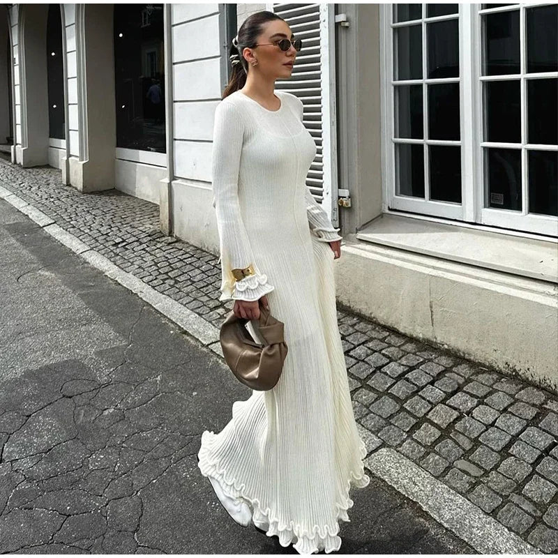 Women Elegant Ruffle Hem Knit White Long Dress O-neck Flare Long Sleeve Backless Bandage Dresses 2024 New Evening Party Robes - Seprincess