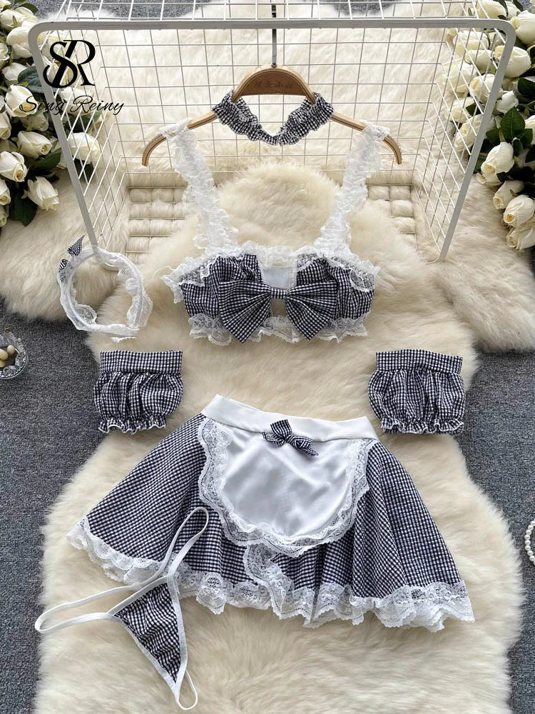 SINGREINY Maidservant Apron Dress Ladies Lace Sweet Erotic Three Pieces Sets Fashion Korean Style Plaid Cosplay Sexy Night Suits - Seprincess