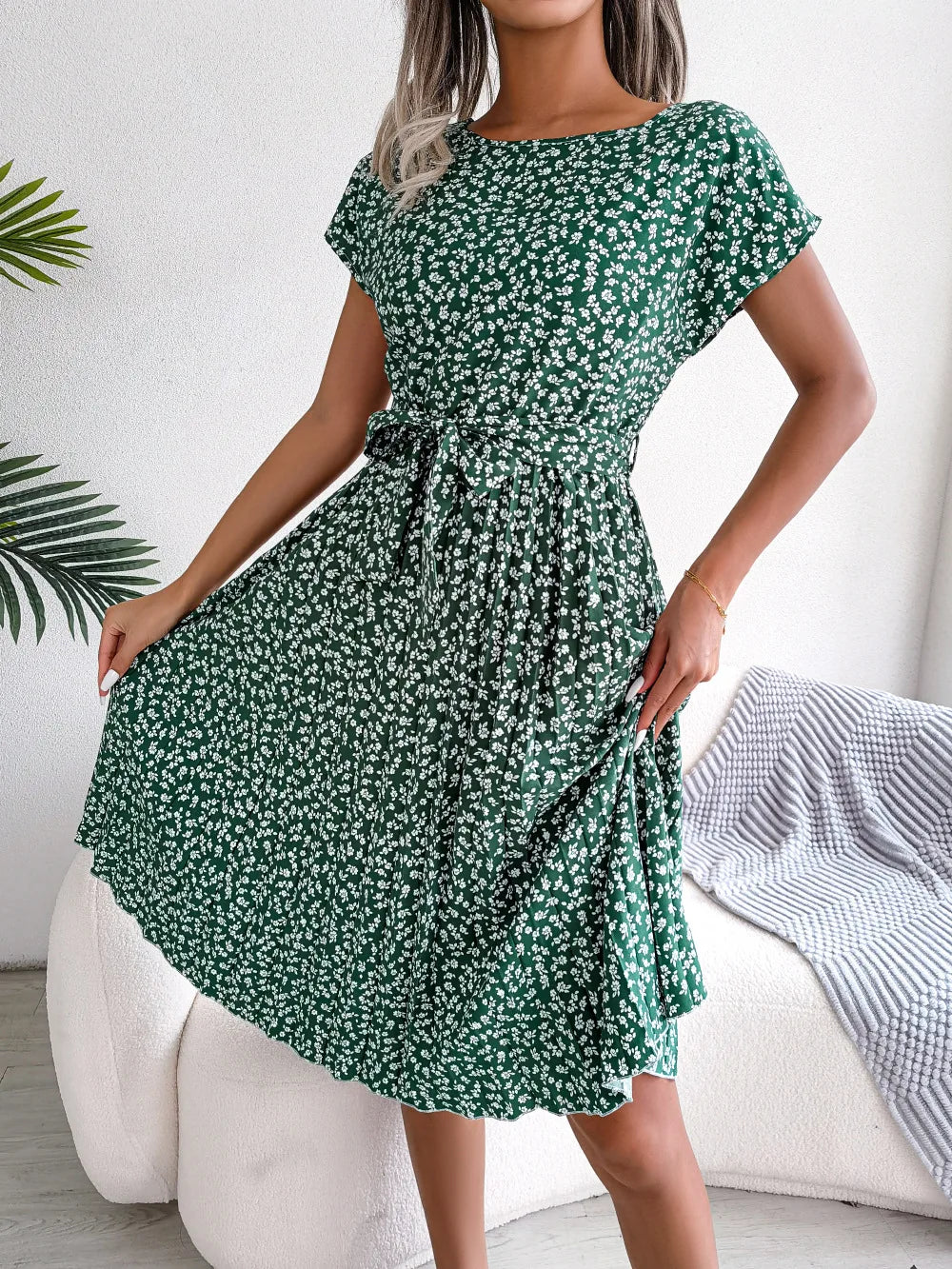 Women Spring Summer Short Sleeve High Waist Chic Dress Fashion Floral Pleated A Line Long Dress - Seprincess