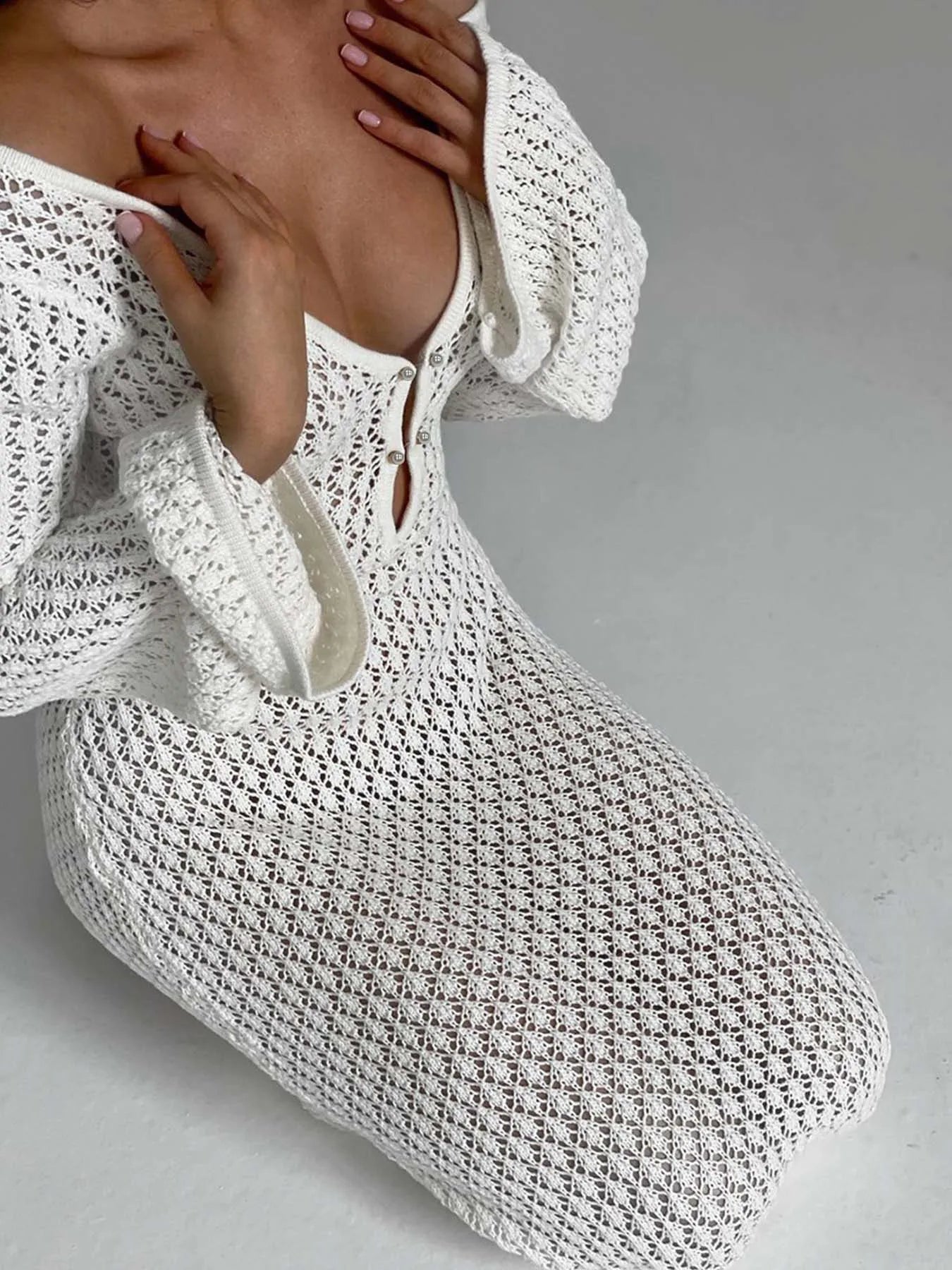 Sexy Women White Long Knit Sleeve Bikin Fashion Cover up Female See-Through Deep V-Neck Hollow-Out Beach Knitwear Backless Dress - Seprincess