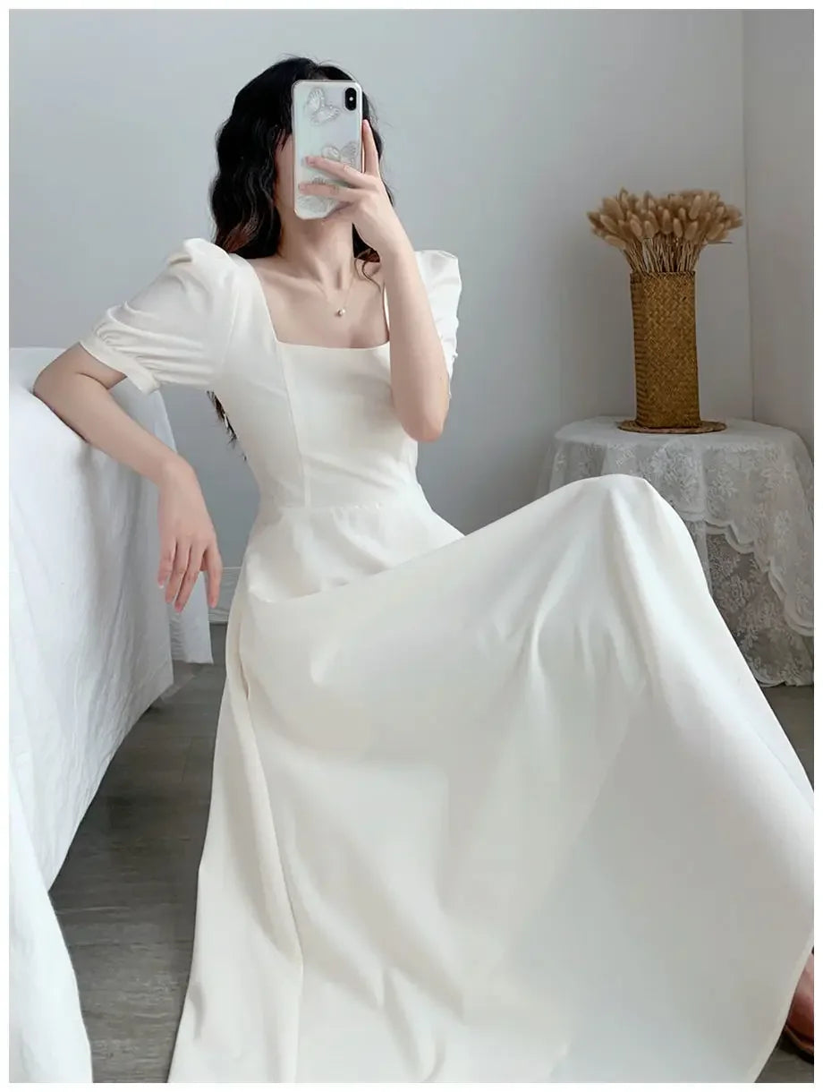 Slim Fit Women White Dress Bubble Sleeve Square Neck Light Wind Style Long Skirt Summer Casual Korean Style - Seprincess