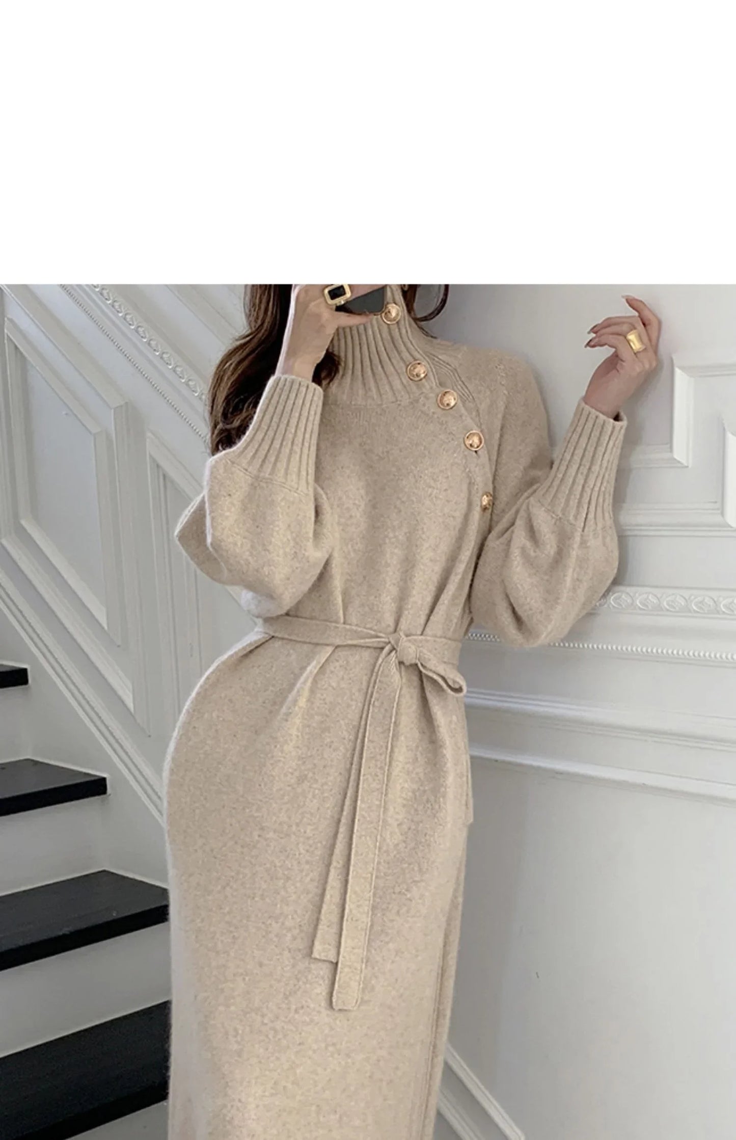 Winter Turtleneck Buttons Women Knitted Dress Elegant Full Sleeve Lace-up Female Thicken Long Dress for Sweater Autumn New - Seprincess