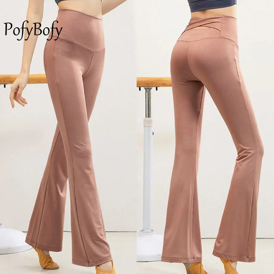 PofyBofy Crossover Widen Waistband Bell Bottoms Elastic High Waist Legging Sport Flared Pant Pilates Workout Yoga Women Trousers