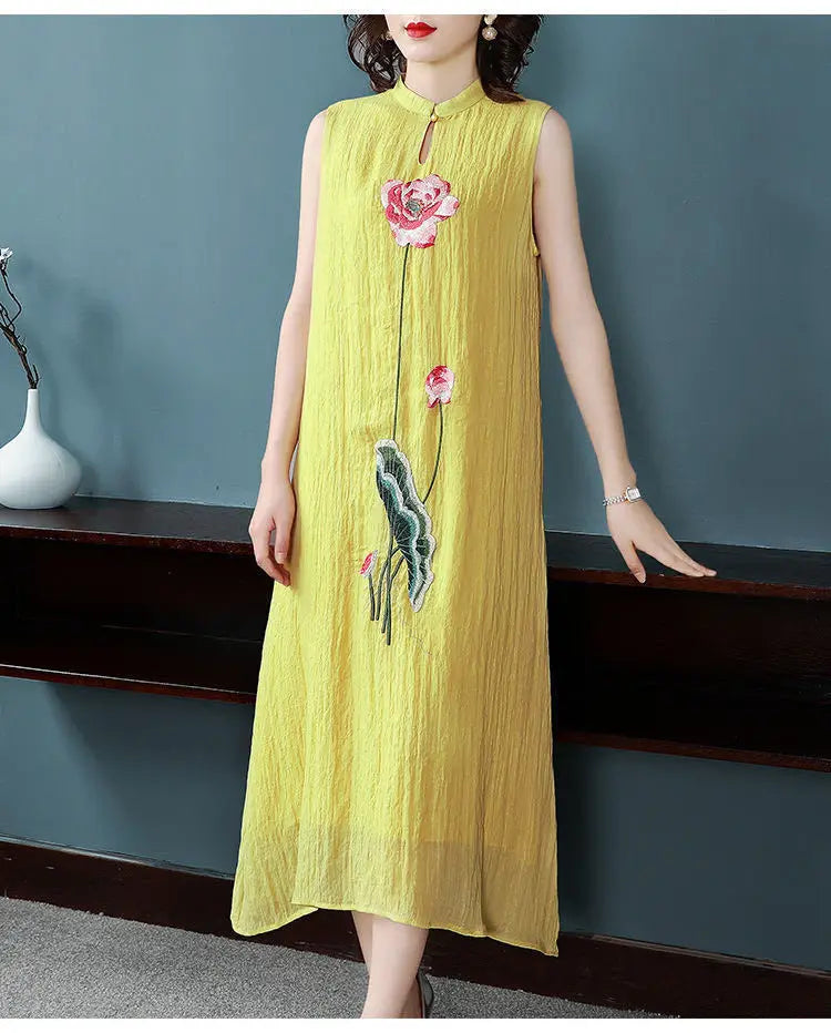 1pcs/lot chinese style woman Embroidered Cheongsam Sleeveless Vest Chiffon Dress Woman Dress print dress - Seprincess