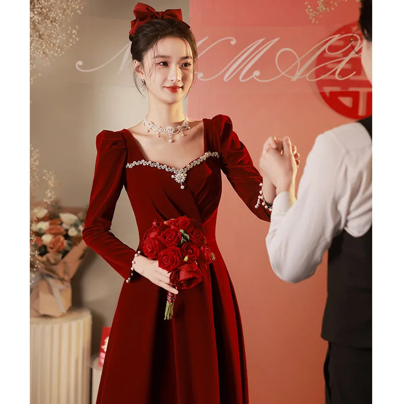 Burgundy Velvet Prom Dresses Square Collar Long Sleeve Pearl Crystal Long Engagement Dress Plus Size Female Formale Gowns - Seprincess